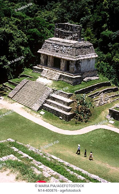 Temple of the Sun from the Group of the Temples of the Cross, Palenque, Mayan archaeology, pre-Hispanic pyramid architecture of Latin America, Chiapas, Mexico