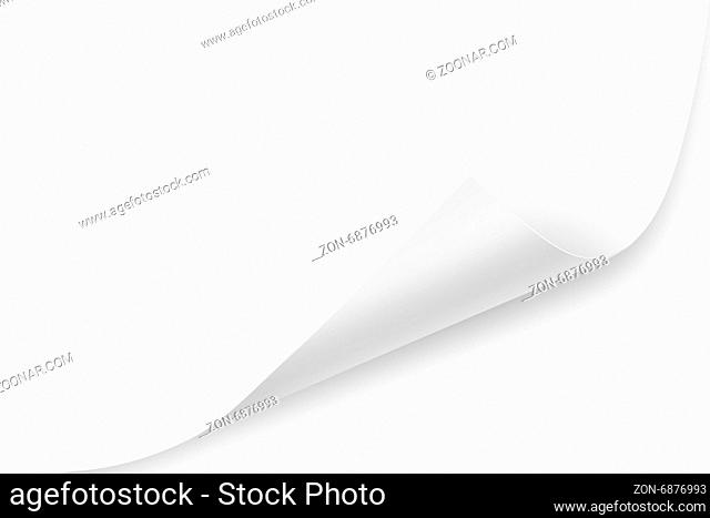 Blank paper sheet with realistic, white, glossy page curl. To use, layer mode must be multiply to make it into a transparent overlay and apply the shadows