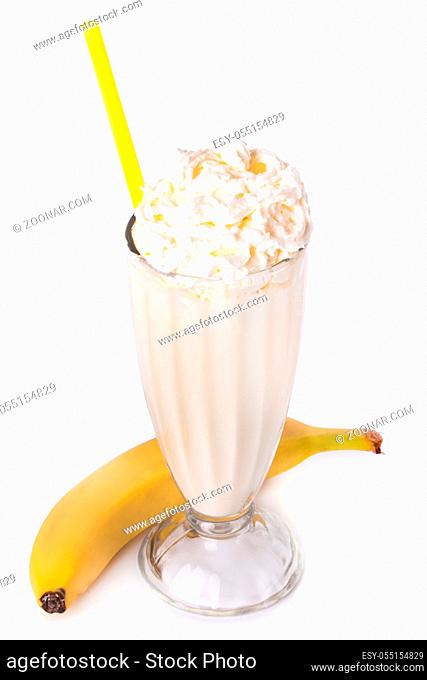 Delicious banana milkshake on a white background