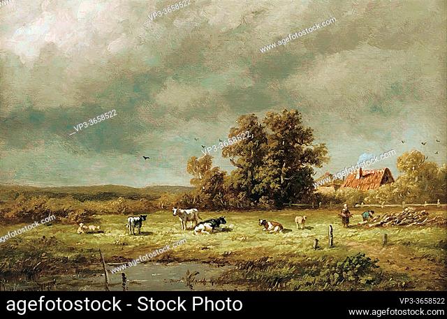 Wijngaerdt Anthonie Jacobus Van - Cows in a Sunlit Meadow - Dutch School - 19th Century