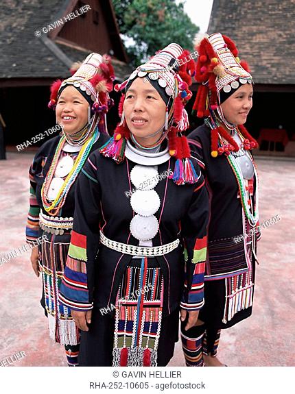Portrait of three Akha hill tribe women in traditional dress, Chiang Mai, northern Thailand, Thailand, Southeast Asia, Asia