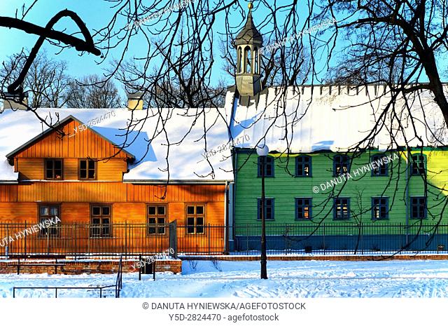 Winter scene, Open-air Museum of regional Wooden Architecture - integral part of Central Museum of Textiles, located on main artery of Lodz - Piotrkowska Street...
