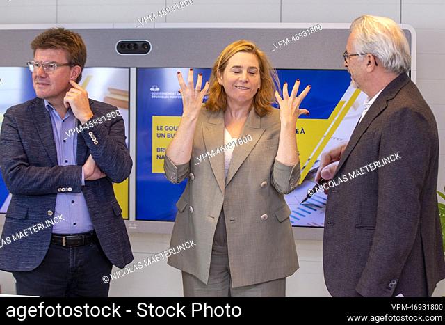 Brussels region Minister Sven Gatz, Brussels region Minister Elke Van den Brandt and Brussels region Minister Bernard Clerfayt pictured during a press...