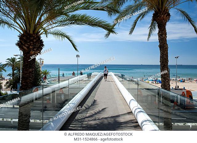 People walking over pedestrian bridge, Postiguet Beach, Alicante City, Costa Blanca, Spain, Europe