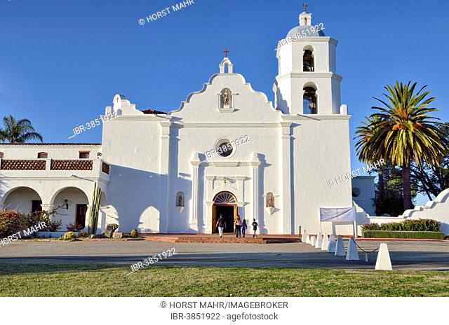Mission San Luis Rey de Francia, facade with a bell tower, Oceanside, California, USA