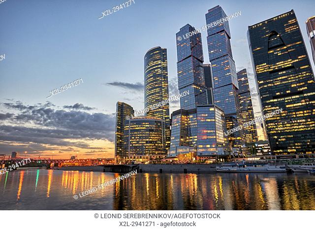 The Moscow International Business Centre (MIBC), also known as “Moscow City"" at dusk. Moscow, Russia