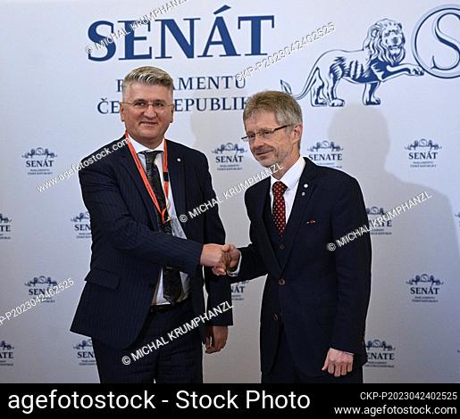 Czech Senate chairman Milos Vystrcil (right) shakes hands with Agron Gjekmarkaj, deputy speaker of Albanian parliament during the working breakfast of...