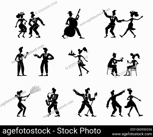 Retro women and men black silhouette illustrations kit. Old fashioned people in cool poses. Rock n roll dancers and jazz musicians 2d cartoon characters shapes...