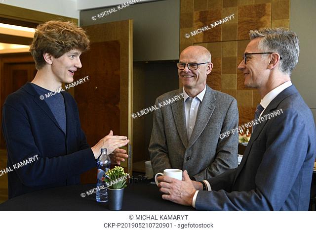 L-R Canadian-Polish pianist Jan Lisiecki, director of the Prague Spring International Music Festival Roman Belor and CEO of the US Orpheus Chamber Orchestra are...