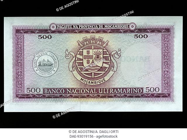 500 escudos banknote, 1960-1969, reverse with a shield. Mozambique, 20th century