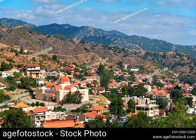 The view of Kakopetria village with the large Agios Panteleimonas Church upon the foothill of the Troodos Mountain. Nicosia District. Cyprus