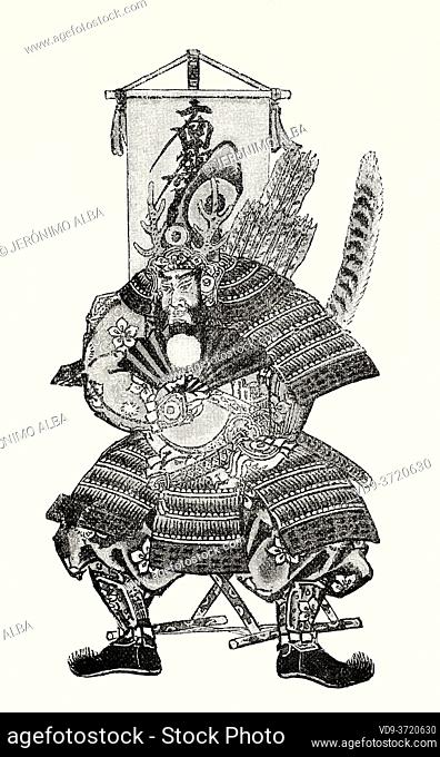 Zinmu. Japanese Samurai warrior, Japan. Old 19th century engraved illustration Travel to Japan by Aime Humbert from El Mundo en La Mano 1879