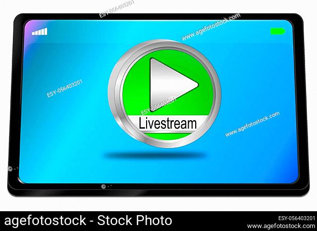Tablet computer with green Livestream Button on blue desktop - 3D illustration