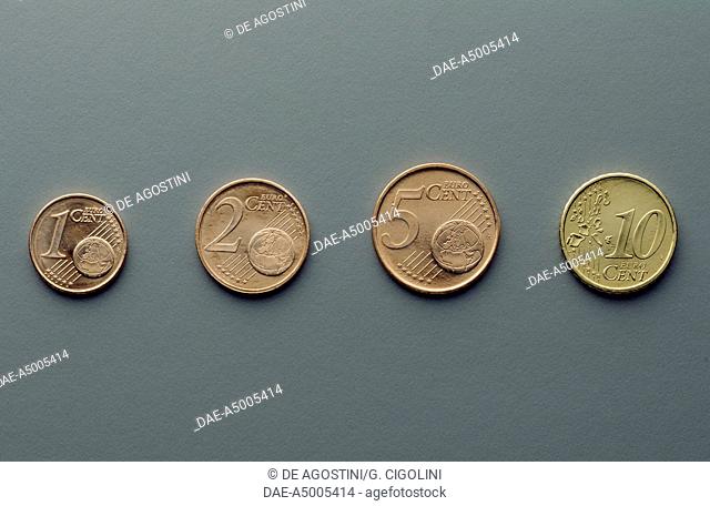 1 cent, 2 cent, 5 cent and 10 cent euro coins, 2002, reverse with globe, map of Europe. Europe, 21st century