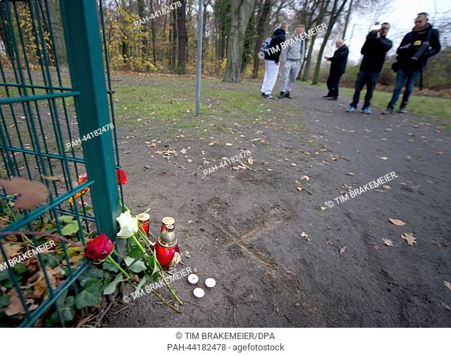Small candles and flowers stand next to a cross which has been carved into the ground in Eichwalde, Germany, 19 November 2013