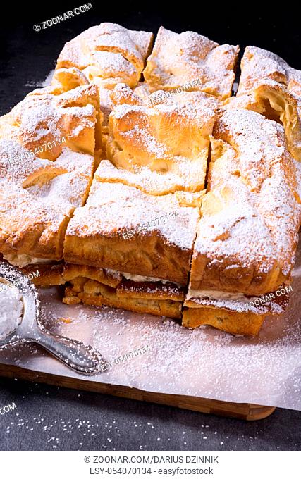Karpatka is a traditional Polish cream pie filled with russel cream or vanilla milk pudding cream