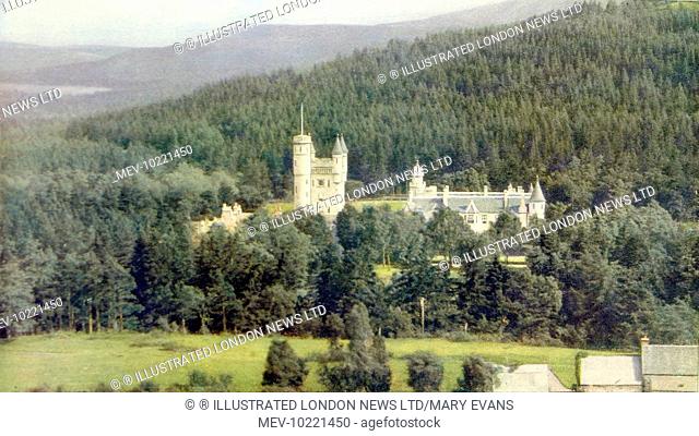 Photograph showing the exterior of Balmoral Castle, near Braemar, Aberdeenshire, 1935. Balmoral is one of the residences of the British Monarch