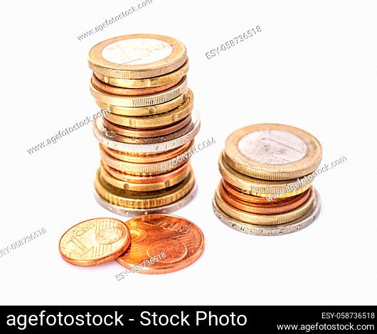 Two Euro coin stacks on a white background