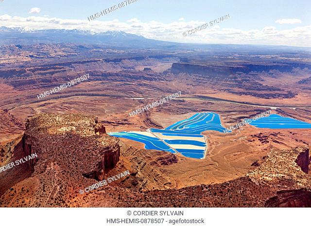 United States, Utah, Moab, Cane Creek potash mine, evaporation ponds of Cobalt, a blue dye is added to water to help absorption of sunlight and evaporation