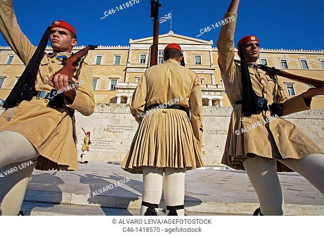 Soldiers 'evzones' on guard at the Monument to the Unknown Soldier and Parliament Royal Palace, Syntagma Square, Athens  Greece