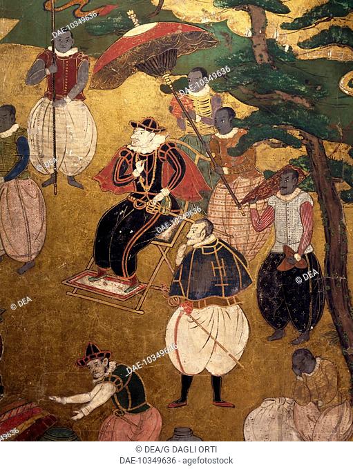 The Portuguese arriving in Japan, detail from a paper screen. Japan, Nanban art (1594-1618).  Porto, Museu Nacional Soares Dos Reis (Art Museum)