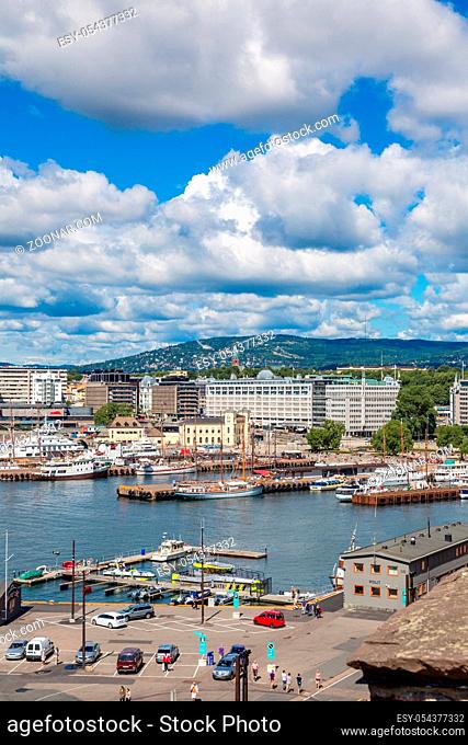 OSLO, NORWAY - JULY 29: The Oslo Norway Harbor is one of Oslo's great attractions. Situated on the Oslo Fjord in Oslo, Norway on July 29, 2014