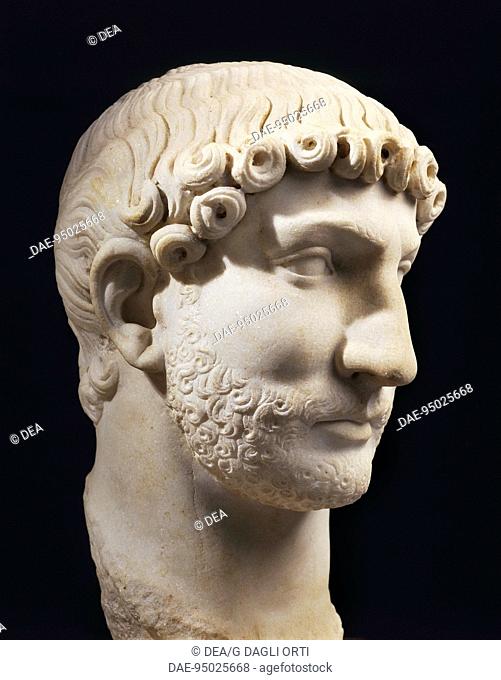 Roman civilization, 2nd century A.D. Marble bust of Emperor Hadrian.  Ostia, Museo (Archaeological Museum)