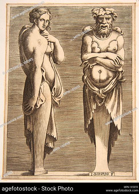 Two Terms, a Nymph at left Silvanus at right. Artist: Giulio Bonasone (Italian, active Rome and Bologna, 1531-after 1576); Date: ca