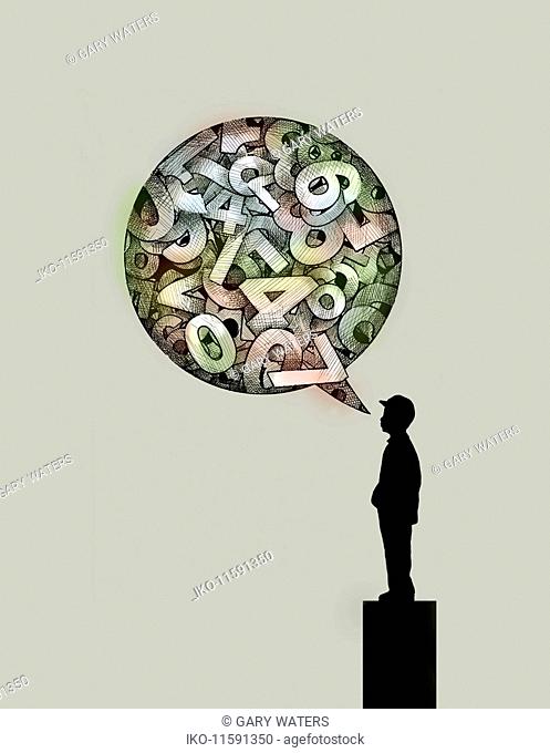 Child prodigy standing on pedestal with speech bubble full of numbers