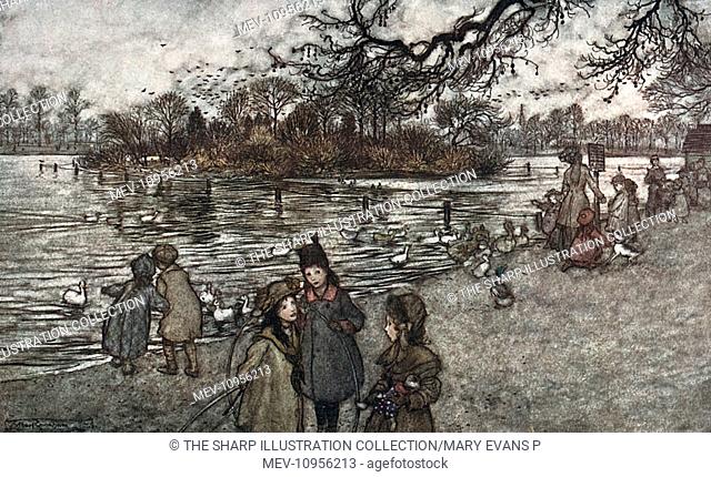 Illustration, Peter Pan in Kensington Gardens, by Arthur Rackham -- The island on which all the birds are born that become baby boys and girls