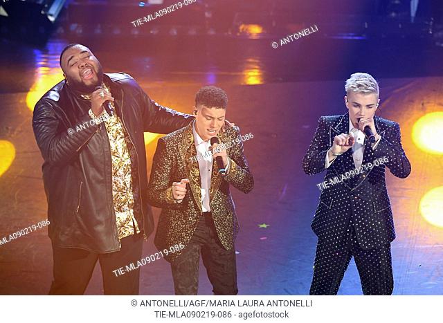 Singers Einar, Biondo and Sergio Sylvestre during 69th Festival of the Italian Song, Sanremo fourth evening. Sanremo, Italy 08 Febr 2019