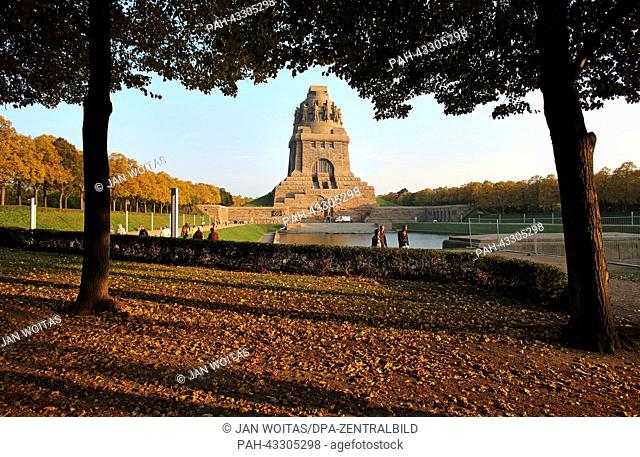 People stand at the Battle of Nations monument in Leipzig,  Germany, 08 October 2013. The monument was built for the 100th anniversary in 1913 and was...