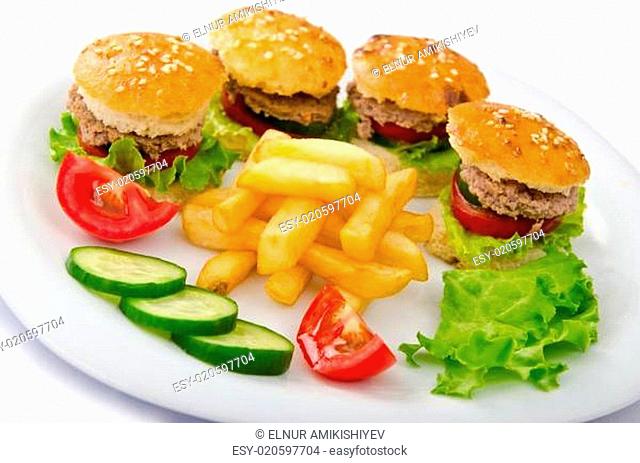 Plate with burgers and french fries