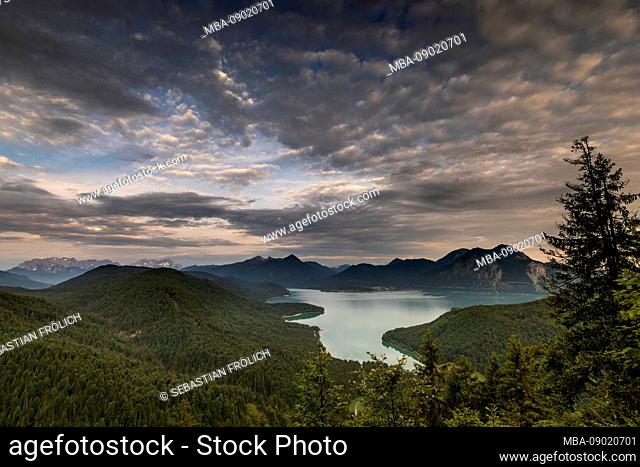 Cloud cover over the lake Walchensee in the Bavarian prealps, in the background Herzogstand, Simetsberg and at the very back Zugspitze