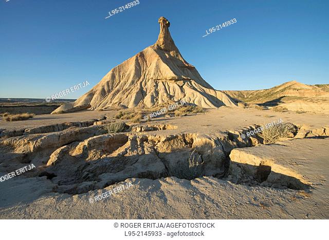 Most renowned cliff eroded by rainfall, symbol of the clay-only area of the natural park of Bardenas Reales de Navarra, Navarre, Spain