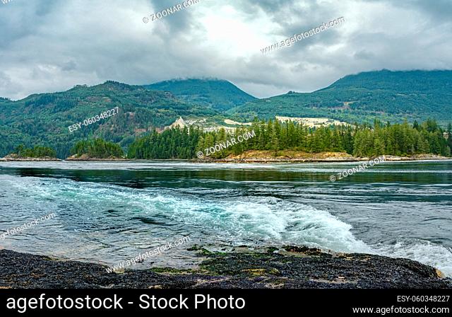 Turbulent, fast and dangerous tidal rapids at high tide, Roland Point, Skookumchuck Narrows, British Columbia, Canada