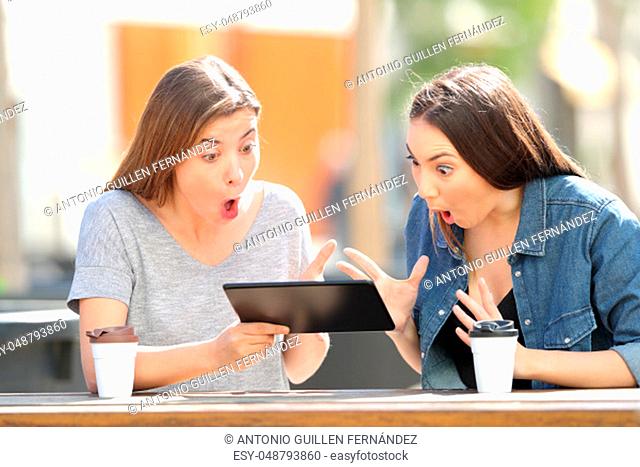 Two amazed friends watching media content in a tablet sitting in a park