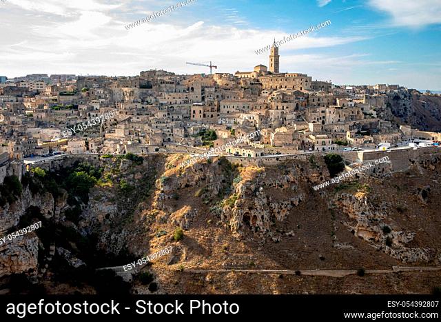 Panoramic view of Sassi di Matera a historic district in the city of Matera, well-known for their ancient cave dwellings from the Belvedere di Murgia Timone
