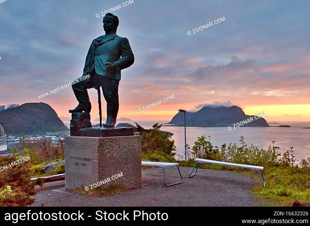 Alesund, Norway, May 2015: Kristoffer Randers statue at Aksla viewpoint in Alesund, Norway