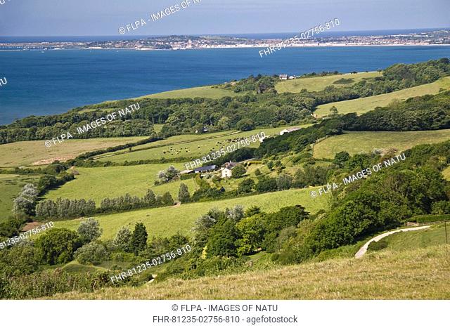 View of coastal farmland, with farm buildings, pasture and trees, Weymouth in distance, Dorset, England, spring