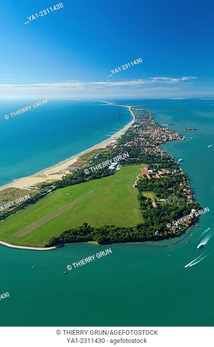 Aerial view of North Lido island at San Nicolo, Venice lagoon, Italy, Europe