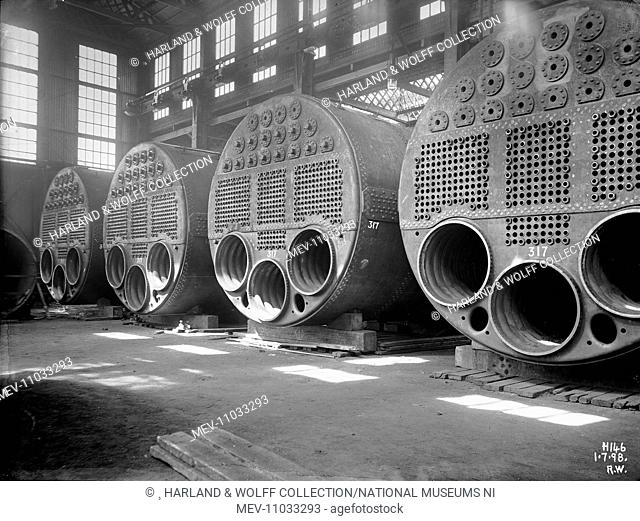 Boilers in course of construction in Engine works boiler shop. Ship No: 317. Name: Oceanic. Type: Passenger Ship. Tonnage: 17274