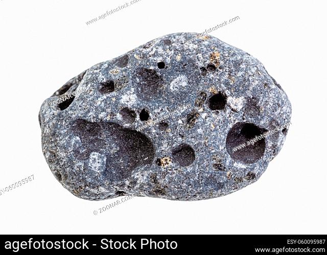 closeup of sample of natural mineral from geological collection - tumbled gray Pumice rock isolated on white background