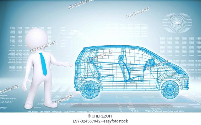 People and hi-tech car on a blue background. The concept of future technologies knowledge based