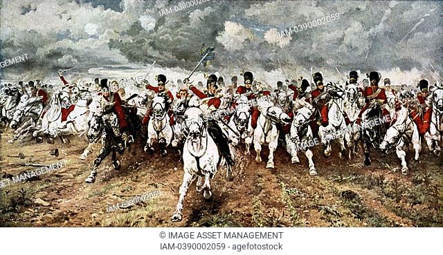 'Scotland for Ever'  The charge of the Scots Greys at Waterloo, 18 June 1815  After the painting by Lady Butler