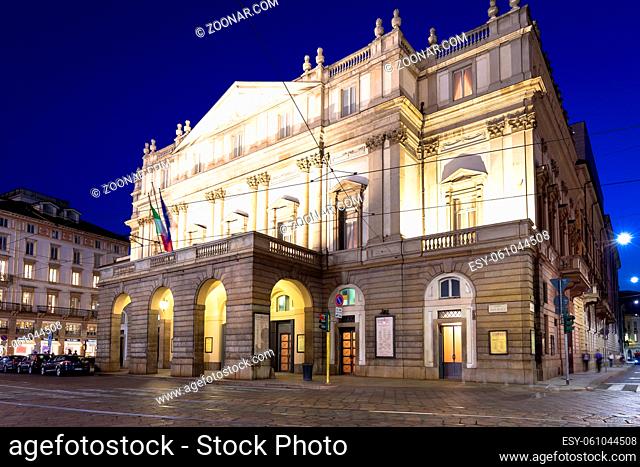 MILAN, ITALY - CIRCA AUGUST 2020: Theatre La Scala by night. One of the most famous Italian buildings made in 1778