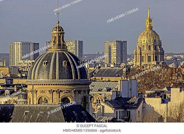 France, Paris, area listed as World Heritage by UNESCO, the domes of the French Institut (French Academy) and the Invalides