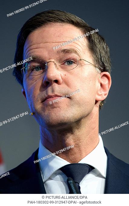 02 March 2018, Germany, Berlin: Mark Rutte, Prime Minister of the Netherlands, giving a speech at the Bertelsmann foundation on his future vision of Europe
