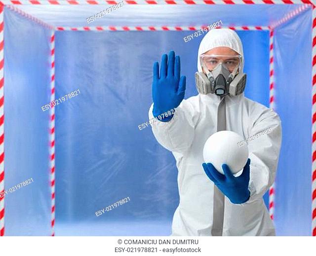 person in biohazard suit warns against contaminantion