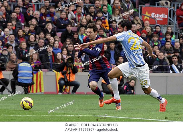 2015 La Liga Barcelona v Levante Feb 21st. 21.02.2015. Barcelona, Spain. La Liga. Barcelona versus Malaga. Messi challenged by Torres